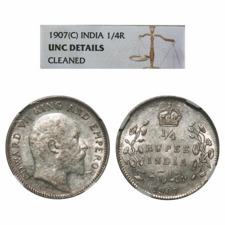 Edward VII, Silver, 1/4 Rupee, 1907, Calcutta Mint, No mint mark. F. Prid. 436. GK 976. NG