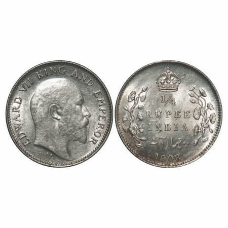 Edward VII, Silver, 1/4 Rupee, 1908, Calcutta Mint, No mint mark, Die crack on Obv. F. Pri