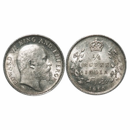 Edward VII, Silver, 1/4 Rupee, 1910, Calcutta Mint, No mint mark. F. Prid 439. GK 978. Bri