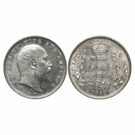 Edward VII, Silver, 2 Annas, 1910, Bombay Mint, Dot. F. Prid Unlisted. GK 988. Almost Unci