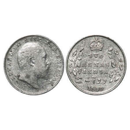 Edward VII, Silver, 2 Annas, 1910, Bombay Mint, Dot, Small raised dot on the lowest right 