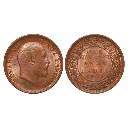 Edward VII, Copper, Quarter Anna, 1903, Calcutta Mint, No mint mark. F. Prid 646. GK 994. 