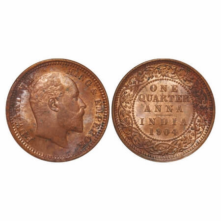 Edward VII, Copper, Quarter Anna, 1904, Calcutta Mint, No mint mark. F. Prid 647. GK 995. 