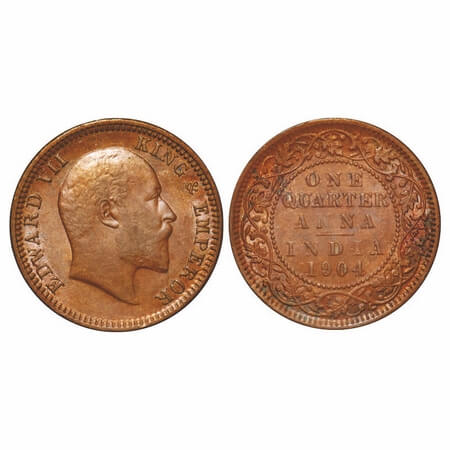 Edward VII, Copper, Quarter Anna, 1904, Calcutta Mint, No mint mark. F. Prid 647. GK 995. 