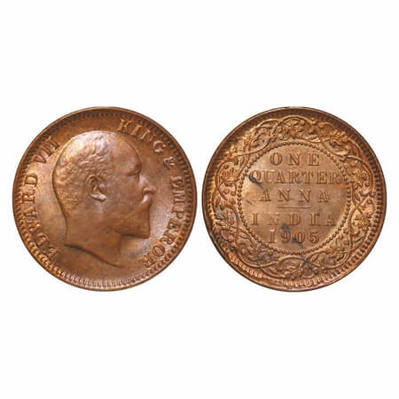 Edward VII, Copper, Quarter Anna, 1905, Calcutta Mint, No mint mark. F. Prid 649. GK 996. 