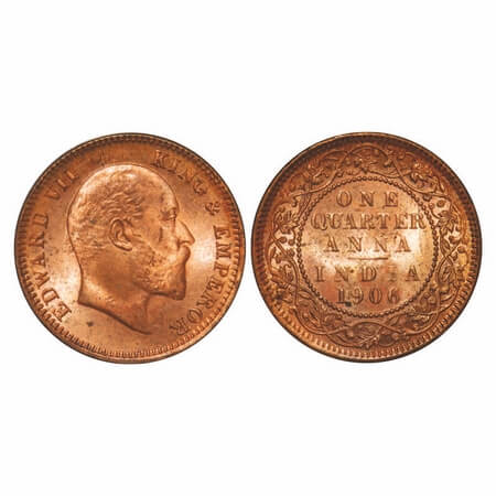 Edward VII, Copper, Quarter Anna, 1906, 6.66gms, Calcutta Mint, No mint mark, Ghost on Rev