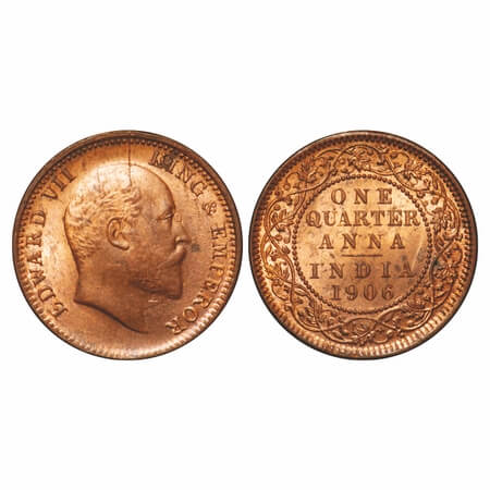 Edward VII, Copper, Quarter Anna, 1906, 6.83gm, Calcutta Mint, No mint mark, Ghost on Rev,