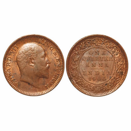 Edward VII, Copper, Quarter Anna, 1906, 6.33 gm. Calcutta Mint, No mint mark, Ghost on Rev