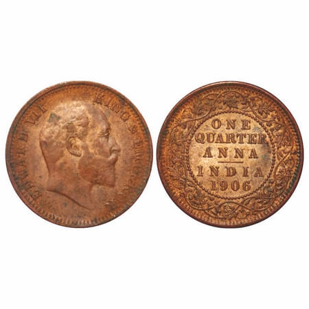 Edward VII, Copper, Quarter Anna, 1906, 6.65gms, Calcutta Mint, No mint mark. F. Prid 650.