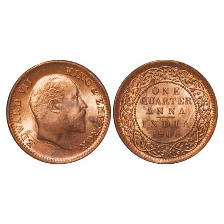 Edward VII, Copper, Quarter Anna, 1906, 6.41gm, Calcutta Mint, No mint mark, Ghost on Rev.