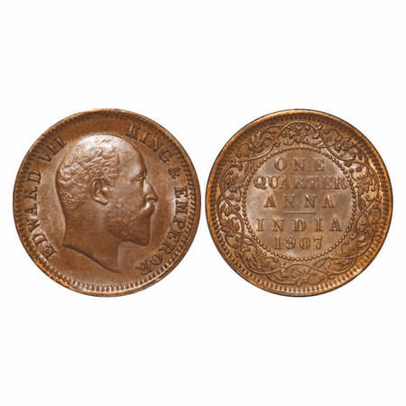 Edward VII, Bronze, Quarter Anna, 1907, Calcutta Mint, No mint mark. F. Prid 652. GK 999. 