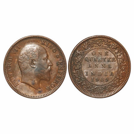 Edward VII, Bronze, Quarter Anna, 1909, Calcutta Mint, No mint mark. F. Prid 654. GK 1001.