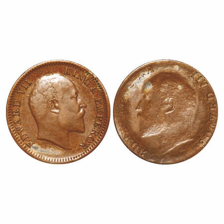Edward VII, Bronze, Quarter Anna, 4.90g, Error, Obverse Lakhi/Brockage. Extremely Fine+. V