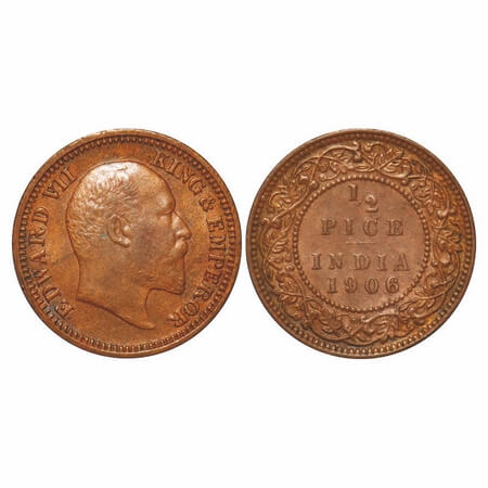 Edward VII, Copper, 1/2 Pice, 1906, 3.40 gms, Calcutta Mint, No mint mark. F. Prid 739. GK