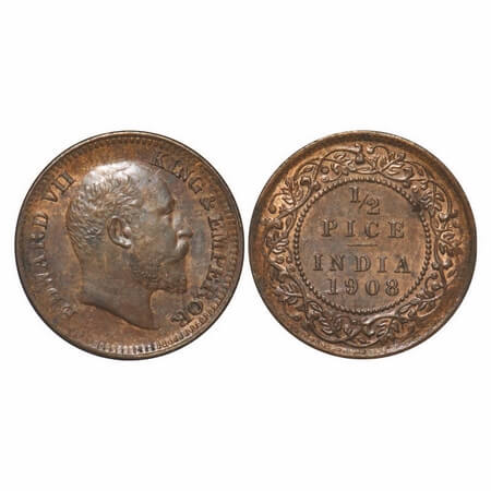 Edward VII, Bronze, 1/2 Pice, 1908, Calcutta Mint, No mint mark, Ghost on Rev. F. Prid 742