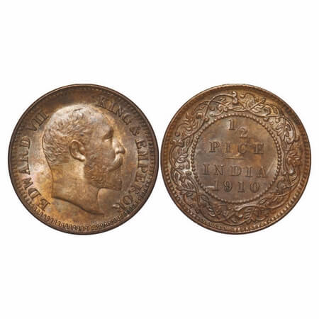 Edward VII, Bronze, 1/2 Pice, 1910, Calcutta Mint, No mint mark, Ghost on Rev. F. Prid 744