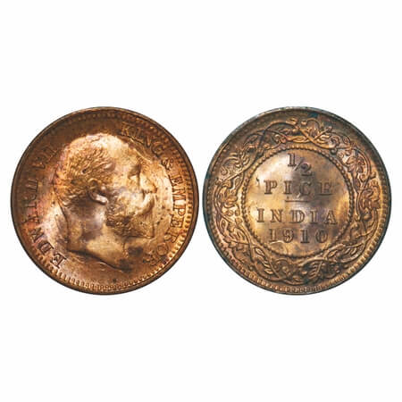 Edward VII, Bronze, 1/2 Pice, 1910, Calcutta Mint, No mint mark, Ghost on Obv and Rev. F. 