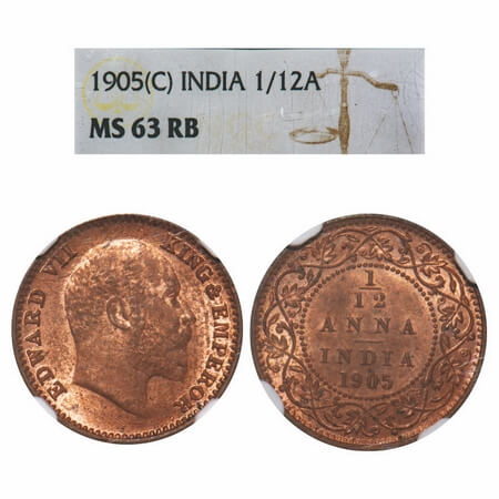 Edward VII, Copper, 1/12 Anna, 1905, Calcutta Mint, No mint mark. F. Prid. 820. GK 1014. N