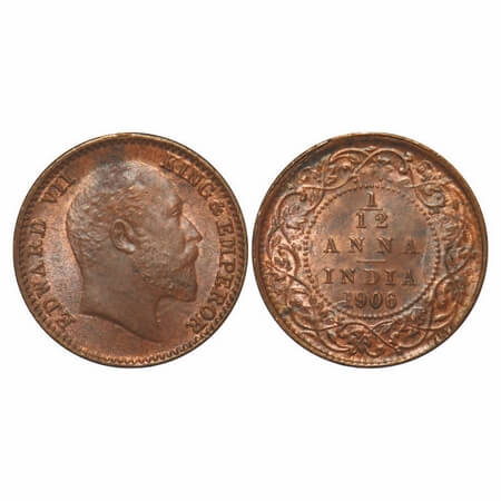 Edward VII, Copper, 1/12 Anna, 1906, 2.09gms, Calcutta Mint, No mint mark, Die crack on Ob