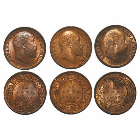Edward VII, Bronze, 1/12 Anna, (3 coins), 1907, 1908, 1910, Calcutta Mint, No mint mark. F
