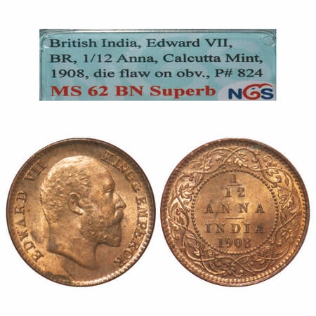 Edward VII, Bronze, 1/12 Anna, 1908, Calcutta Mint, No mint mark, Die flaw on Obv mentione