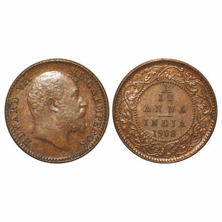Edward VII, Bronze, 1/12 Anna, 1908, Calcutta Mint, No mint mark, Die cracks on Obv. F. Pr
