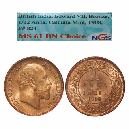 Edward VII, Bronze, 1/12 Anna, 1908, Calcutta Mint, No mint mark. F. Prid 824. GK 1018. NG