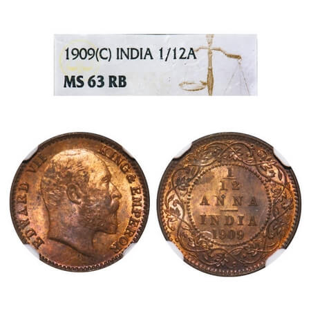 Edward VII, Bronze, 1/12 Anna, 1909, Calcutta Mint, No mint mark. F. Prid 825. GK 1019. NG
