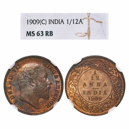 Edward VII, Bronze, 1/12 Anna, 1909, Calcutta Mint, No mint mark. F. Prid 825. GK 1019. NG