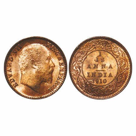 Edward VII, Bronze, 1/12 Anna, 1910, Calcutta Mint, No mint mark, Ghost on Rev, A small cu