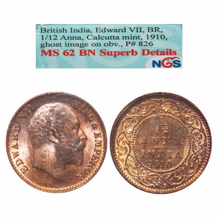 Edward VII, Bronze, 1/12 Anna, 1910, Calcutta Mint, No mint mark, Ghost on Obv mentioned o