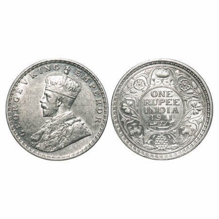 George V, Silver, Rupee, 1911, Calcutta Mint, No dot, Pig-Type, Raised initial 'B' 'M'of B