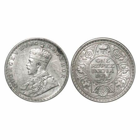George V, Silver, Rupee, 1911, Bombay Mint, Dot, Pig-Type, Raised initial 'B' 'M' of Bertr