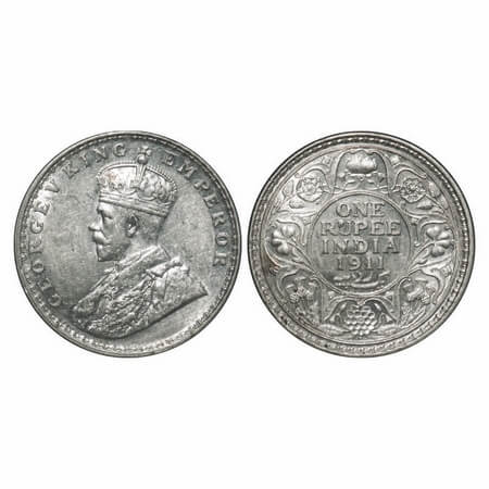 George V, Silver, Rupee, 1911, Bombay Mint, Dot, Pig-Type, Die crack on Rev, Raised initia