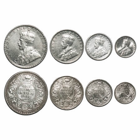 George V, Silver, (4 coins), 1) Rupee, 1912, Bombay Mint, Dot, Re-Drawn Elephant with long