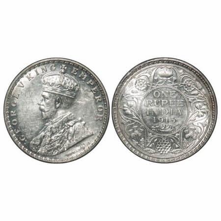 George V, Silver, Rupee, 1913, Bombay Mint, Dot, Numeral 3 of year date 1913 is thin compa