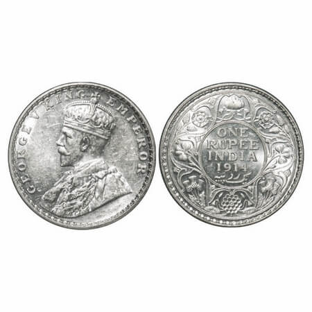 George V, Silver, Rupee, 1914, Bombay Mint, Dot. F. Prid 220. GK 1030. Brilliant Uncircula
