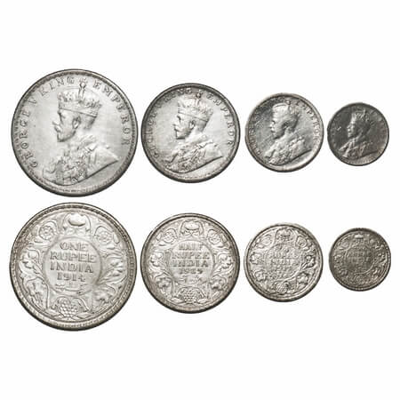 George V, Silver, (4 coins), 1) Rupee, 1914, Bombay Mint, Dot, 2) Half Rupee, 1923, Bombay