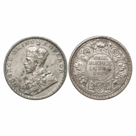 George V, Silver, Rupee, 1915, Calcutta Mint, No dot. F. Prid 211. GK 1031. Extremely Fine