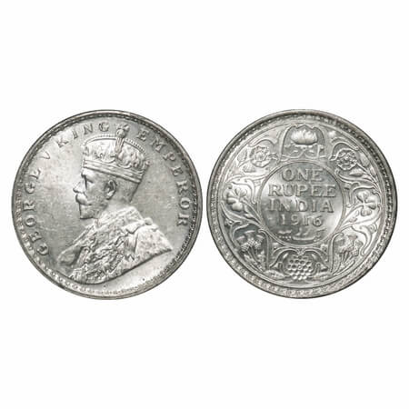 George V, Silver, Rupee, 1916, Calcutta Mint, No dot. F. Prid 212. GK 1033. Brilliant Unci