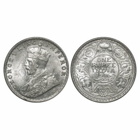George V, Silver, Rupee, 1916, Bombay Mint, Dot, Ghost on Rev. F. Prid 222. GK 1034. Brill