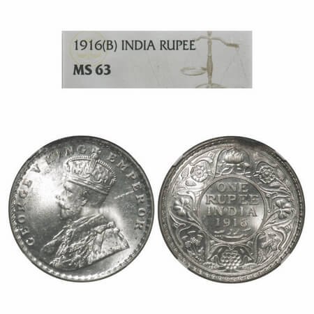 George V, Silver, Rupee, 1916, Bombay Mint, Dot. F. Prid. 222. GK 1034. NGC Slabbed MS 63.