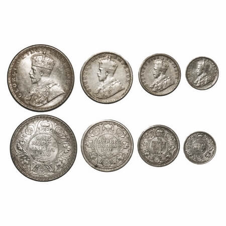 George V, Silver, 1916, (4 coins), 1) Rupee, Bombay Mint, Dot, 2) Half Rupee, Calcutta Min