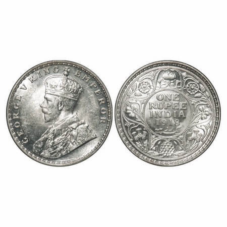 George V, Silver, Rupee, 1918, Calcutta Mint, No dot. F. Prid 214. GK 1037. Mint State. Ra