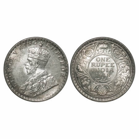 George V, Silver, Rupee, 1918, Calcutta Mint, No dot. F. Prid 214. GK 1037. Mint State, Re