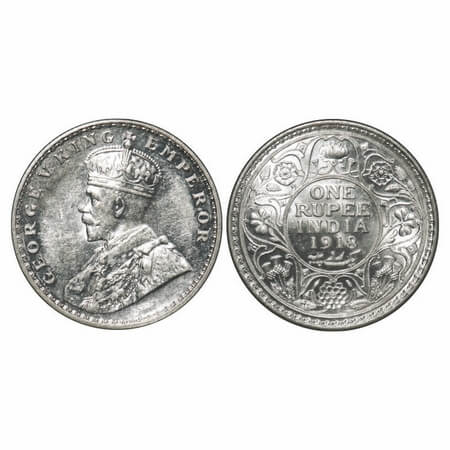 George V, Silver, Rupee, 1918, Calcutta Mint, No dot. F. Prid 214. GK 1037. Mint State wit