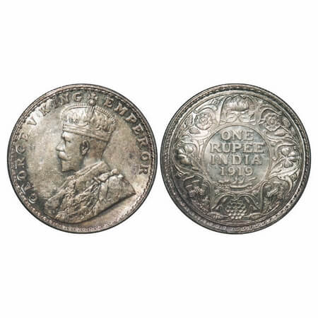 George V, Silver, Rupee, 1919, Bombay Mint, Dot. F. Prid 225. GK 1040. Brilliant Uncircula