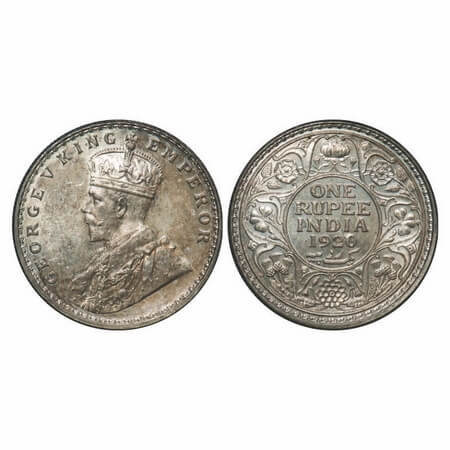 George V, Silver, Rupee, 1920, Calcutta Mint, No dot, Ghost on Rev. F. Prid 216. GK 1041. 