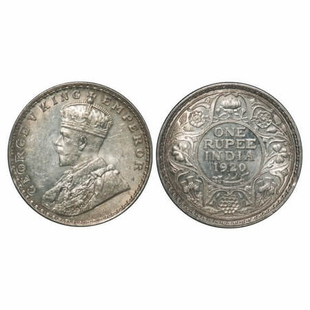 George V, Silver, Rupee, 1920, Bombay Mint, Dot, Die crack on Obv. F. Prid 226. GK 1042. M