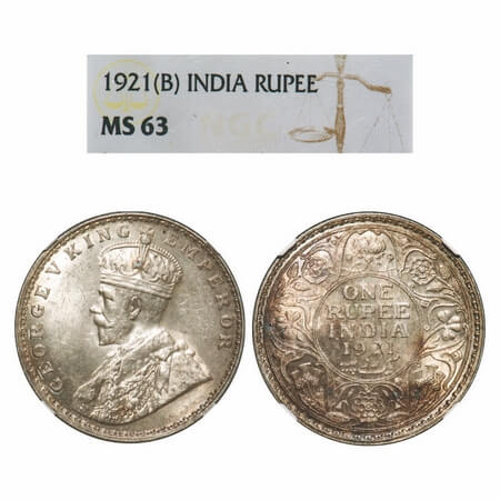George V, Silver, Rupee, 1921, Bombay Mint, Dot. F. Prid 227. GK 1043. NGC Slabbed MS 63. 